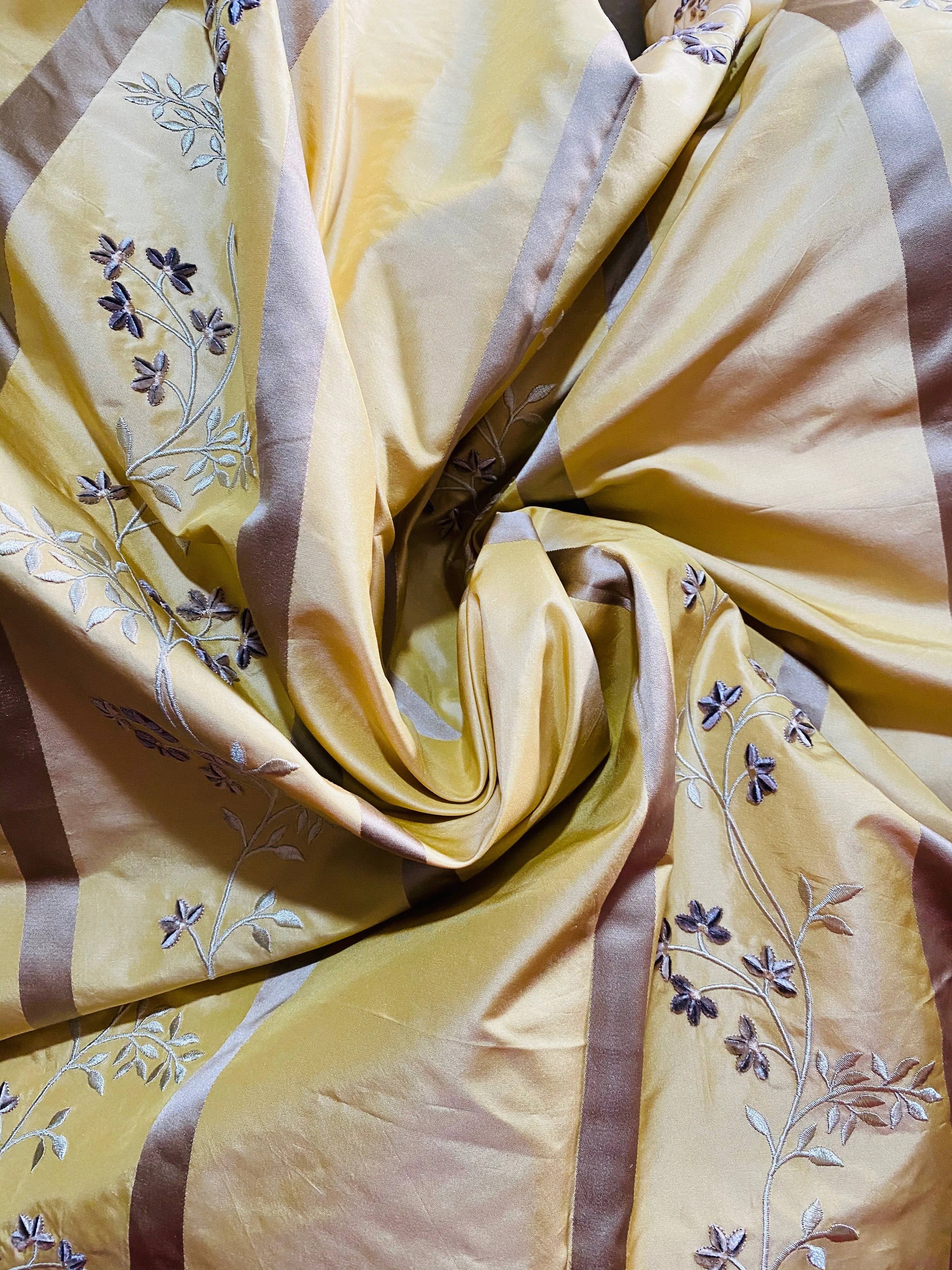 NEW Princess Harriet 100% Silk Taffeta Ribbon Stripes with Embroidered Velvet Yellow & Lavender Floral Motif Fabric