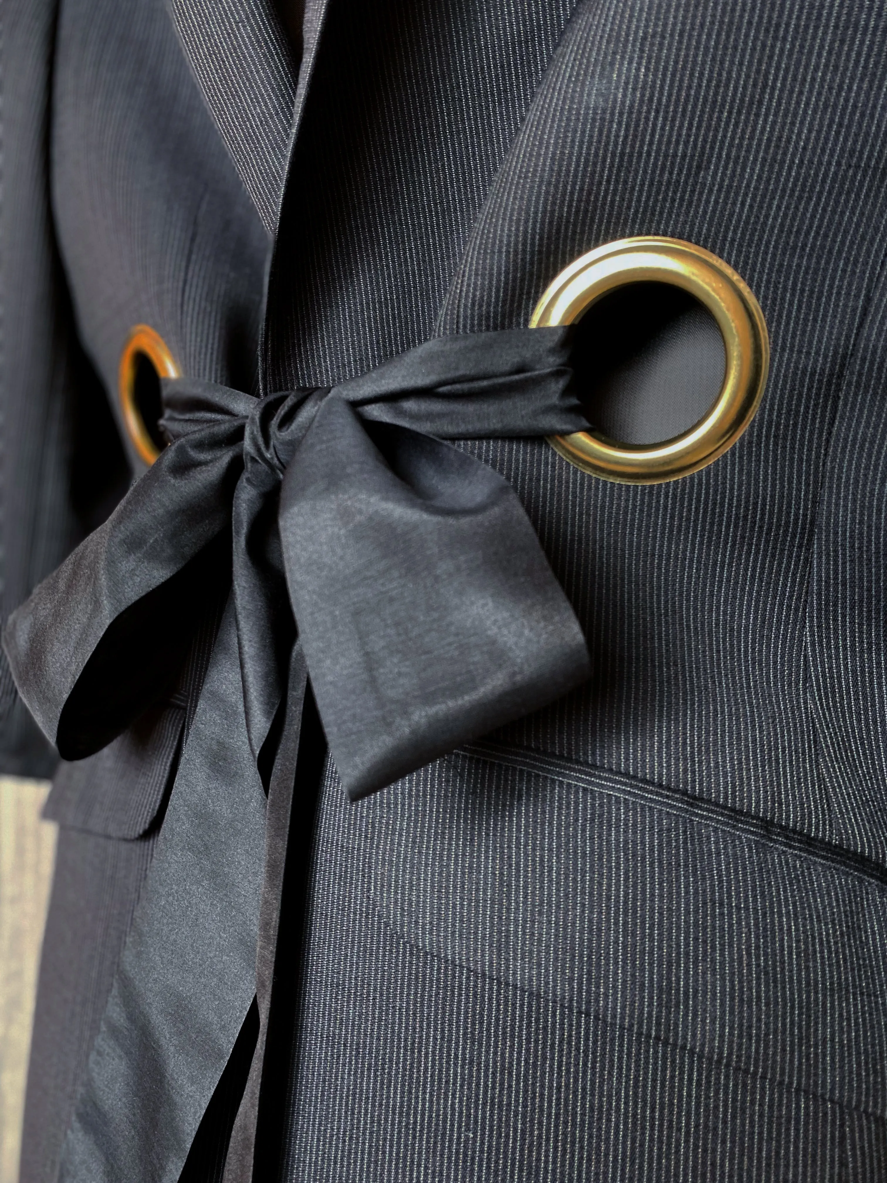 OUT OF OFFICE SUIT JACKET [ Wool, Black Pinstripe Tie Blazer, Gold Eyelets, Up To Size Medium ]