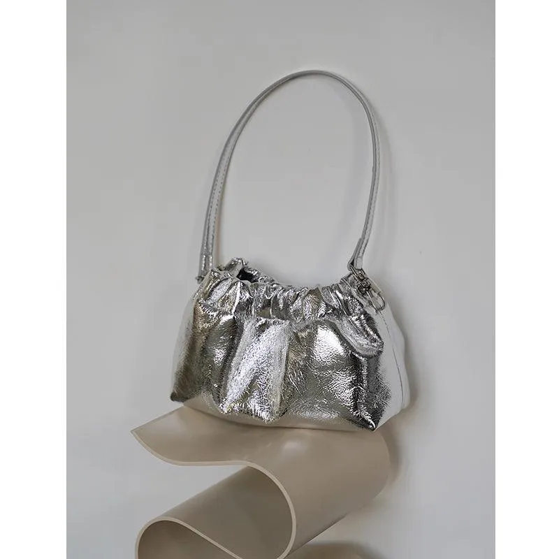 Pleated Cloud Chain Bag | Cowhide Small Silver Ball Minimalist Crossbody Bag