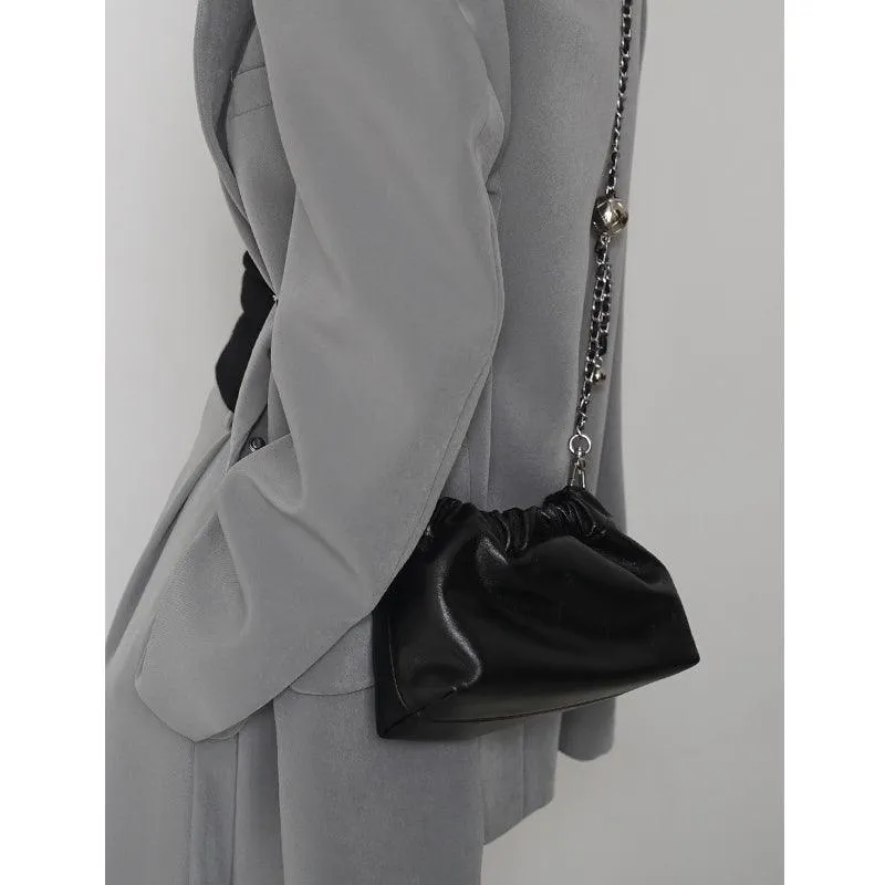 Pleated Cloud Chain Bag | Cowhide Small Silver Ball Minimalist Crossbody Bag