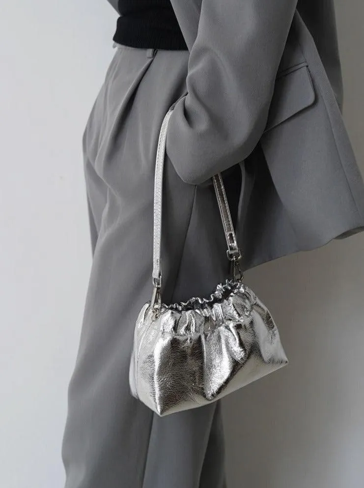 Pleated Cloud Chain Bag | Cowhide Small Silver Ball Minimalist Crossbody Bag