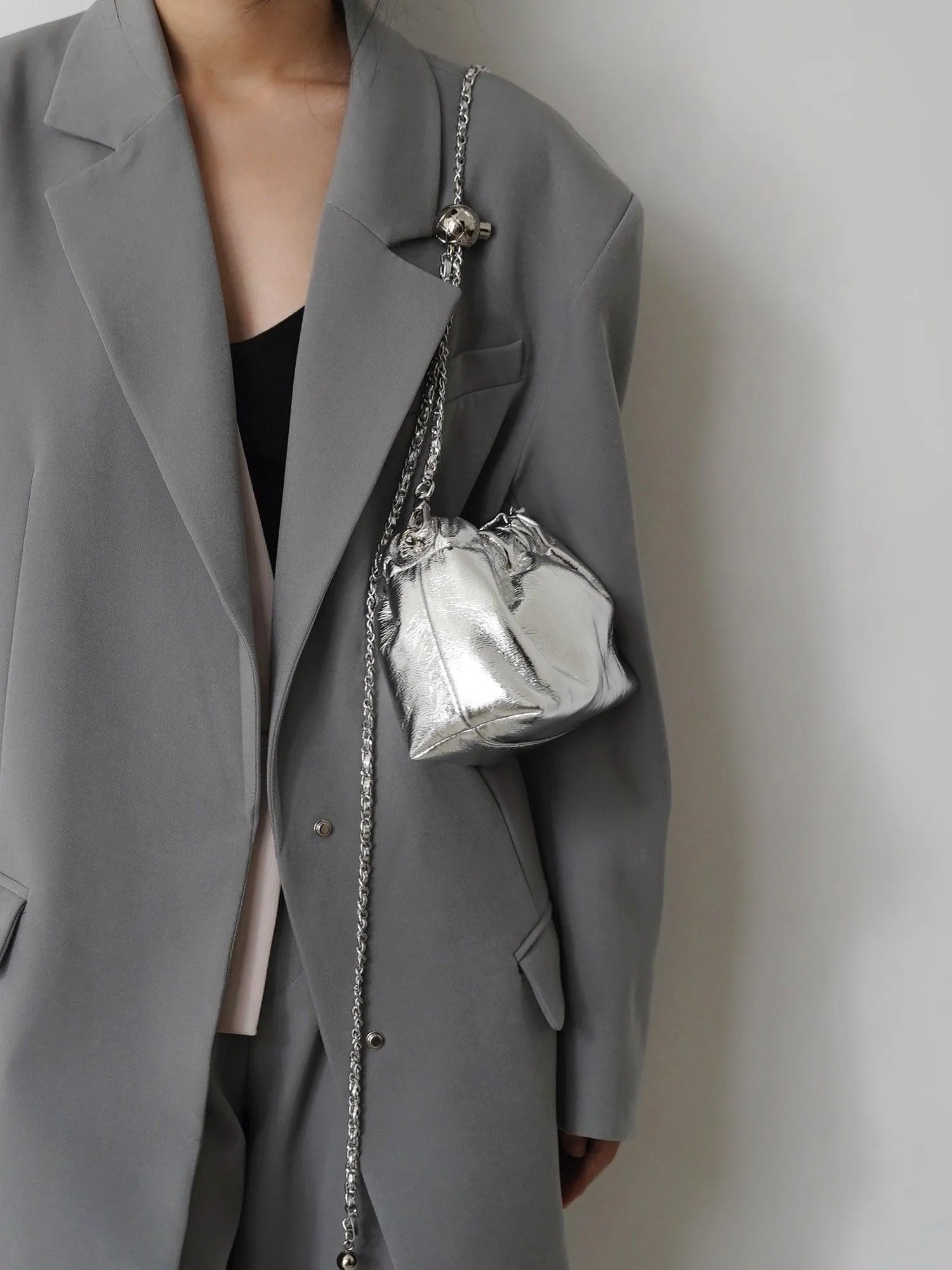 Pleated Cloud Chain Bag | Cowhide Small Silver Ball Minimalist Crossbody Bag