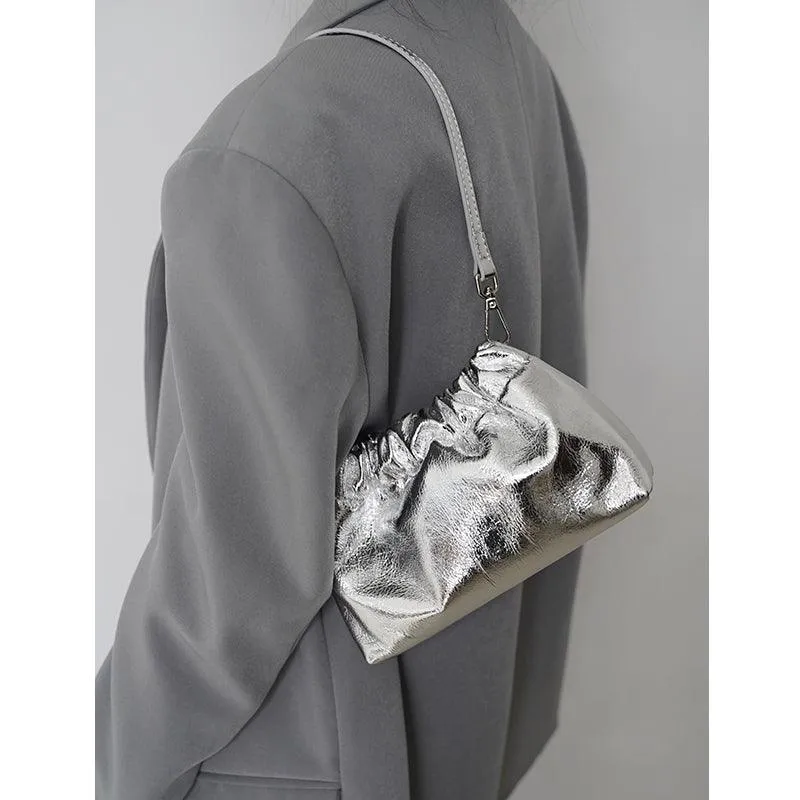 Pleated Cloud Chain Bag | Cowhide Small Silver Ball Minimalist Crossbody Bag