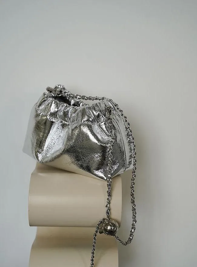 Pleated Cloud Chain Bag | Cowhide Small Silver Ball Minimalist Crossbody Bag