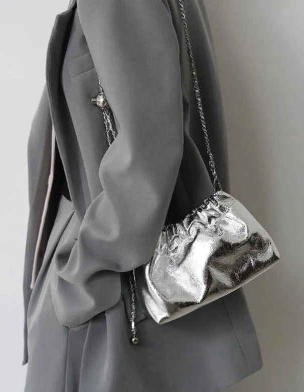 Pleated Cloud Chain Bag | Cowhide Small Silver Ball Minimalist Crossbody Bag