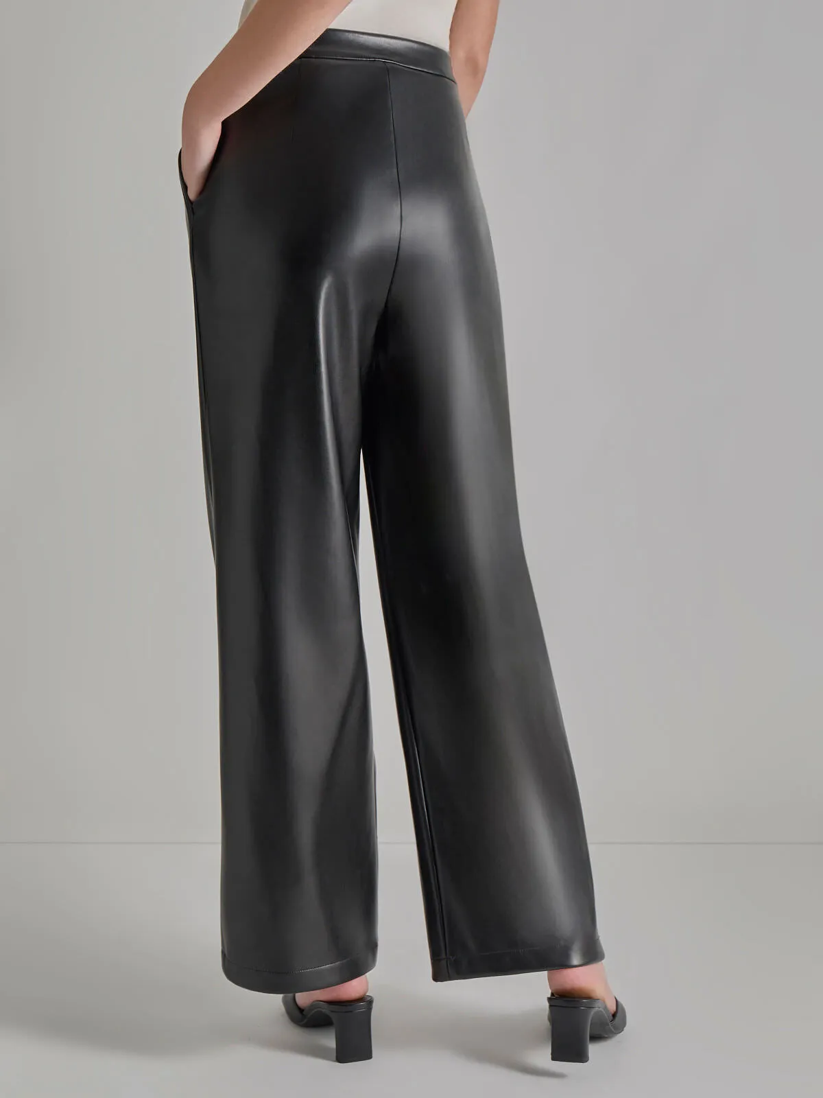 Pleated Straight Leg Vegan Leather Pants, Black