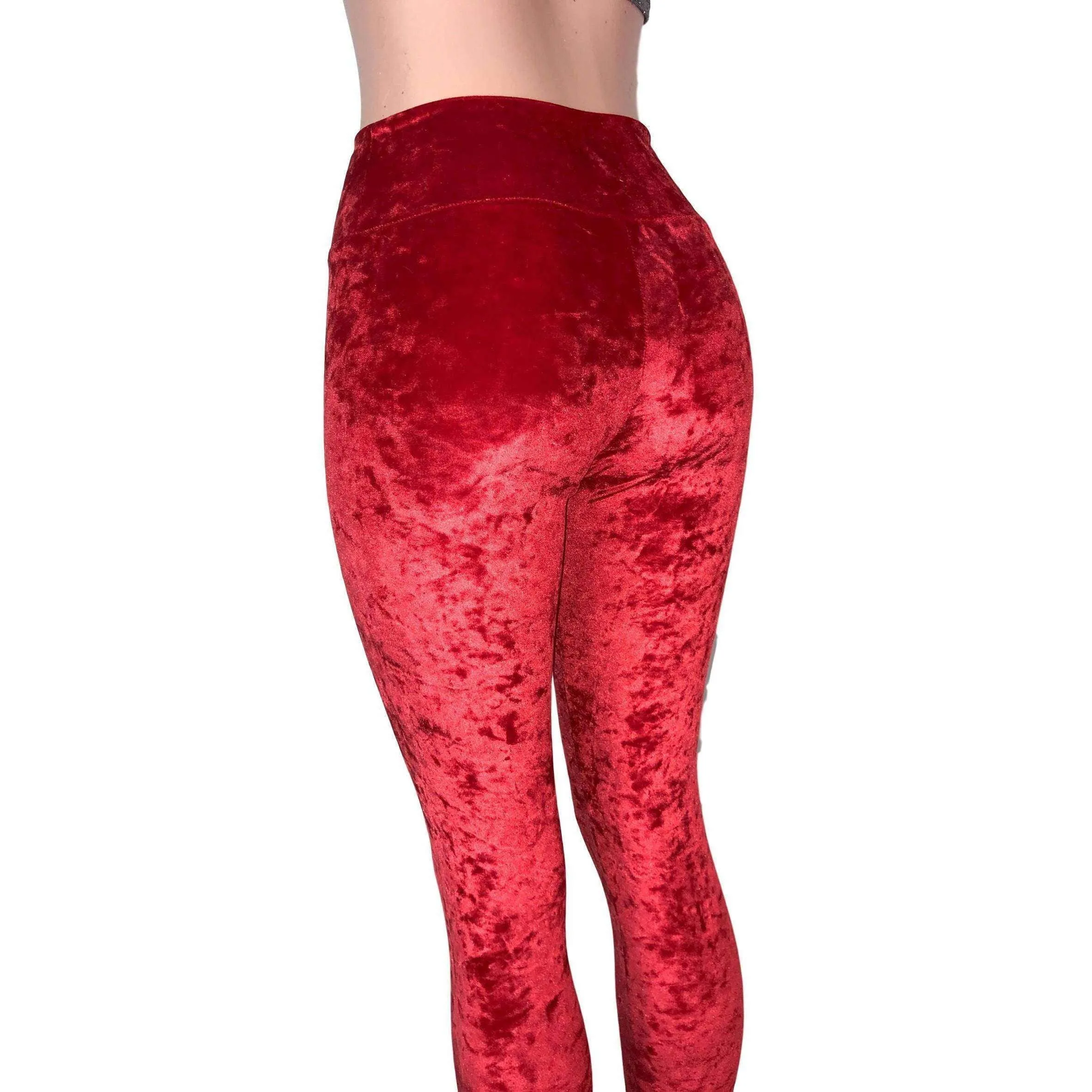 Red Crushed Velvet High Waisted Leggings Pants