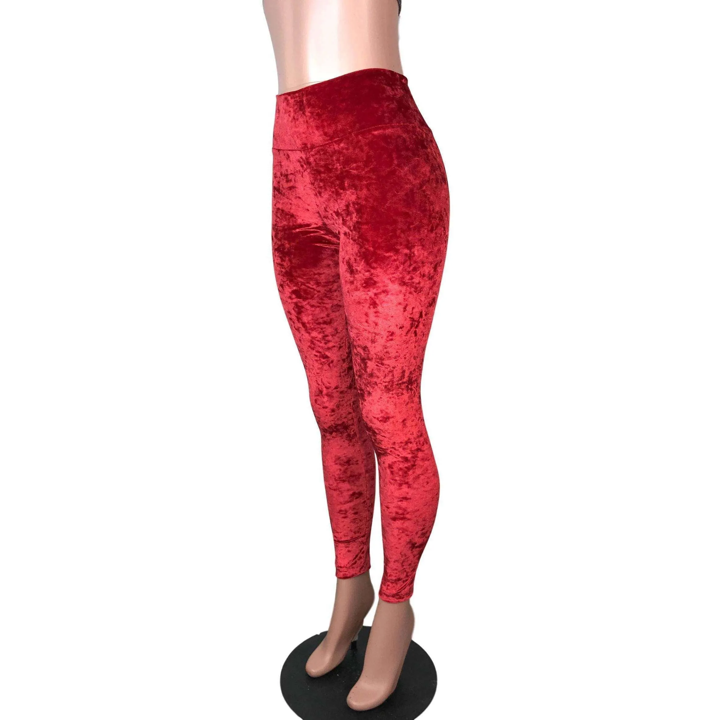 Red Crushed Velvet High Waisted Leggings Pants