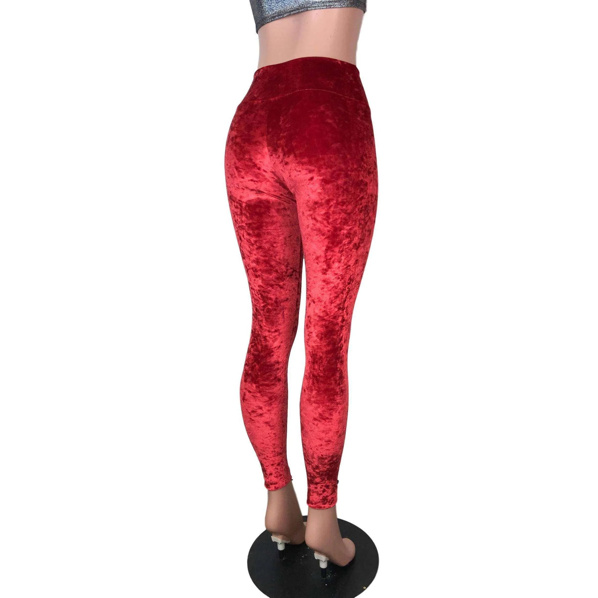 Red Crushed Velvet High Waisted Leggings Pants