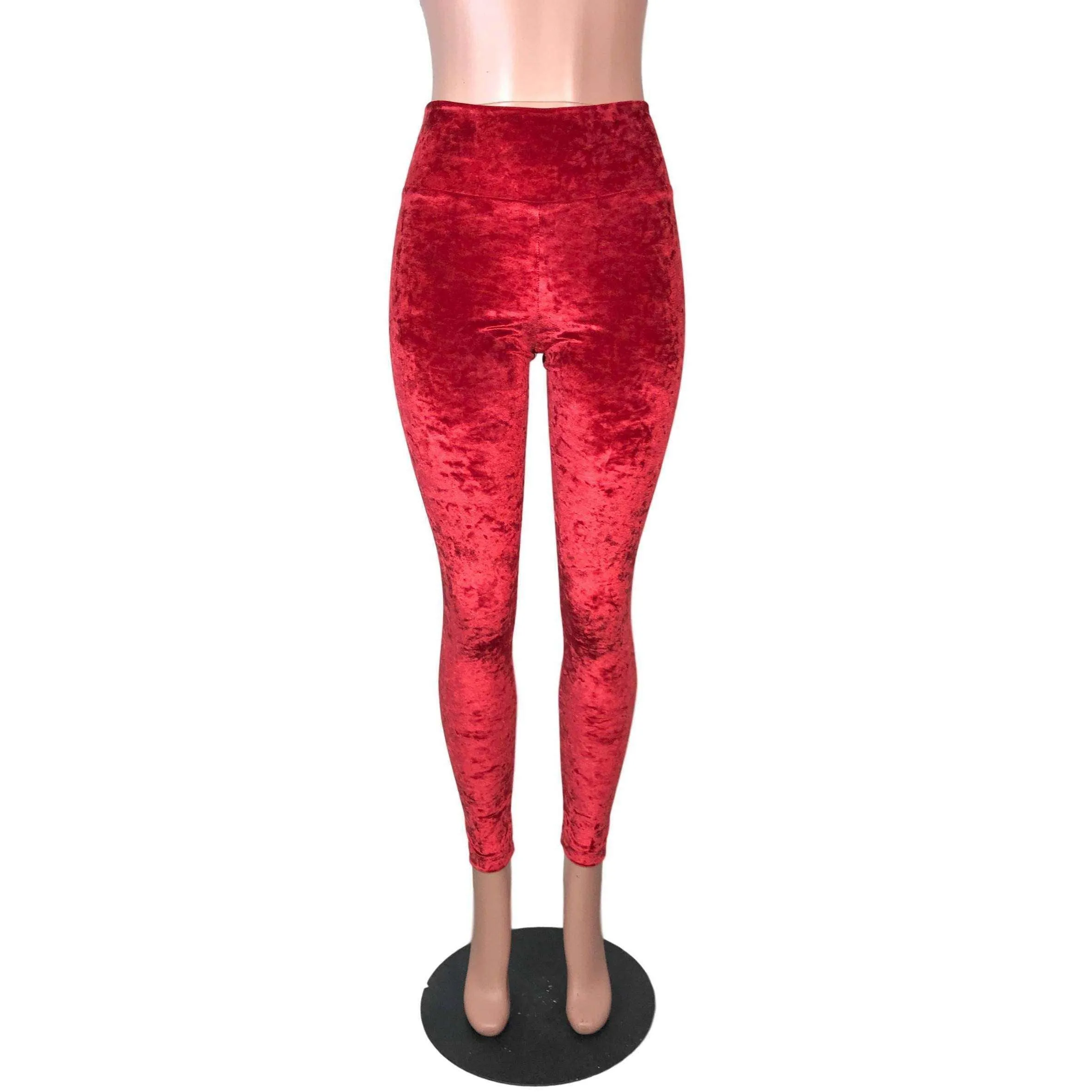 Red Crushed Velvet High Waisted Leggings Pants