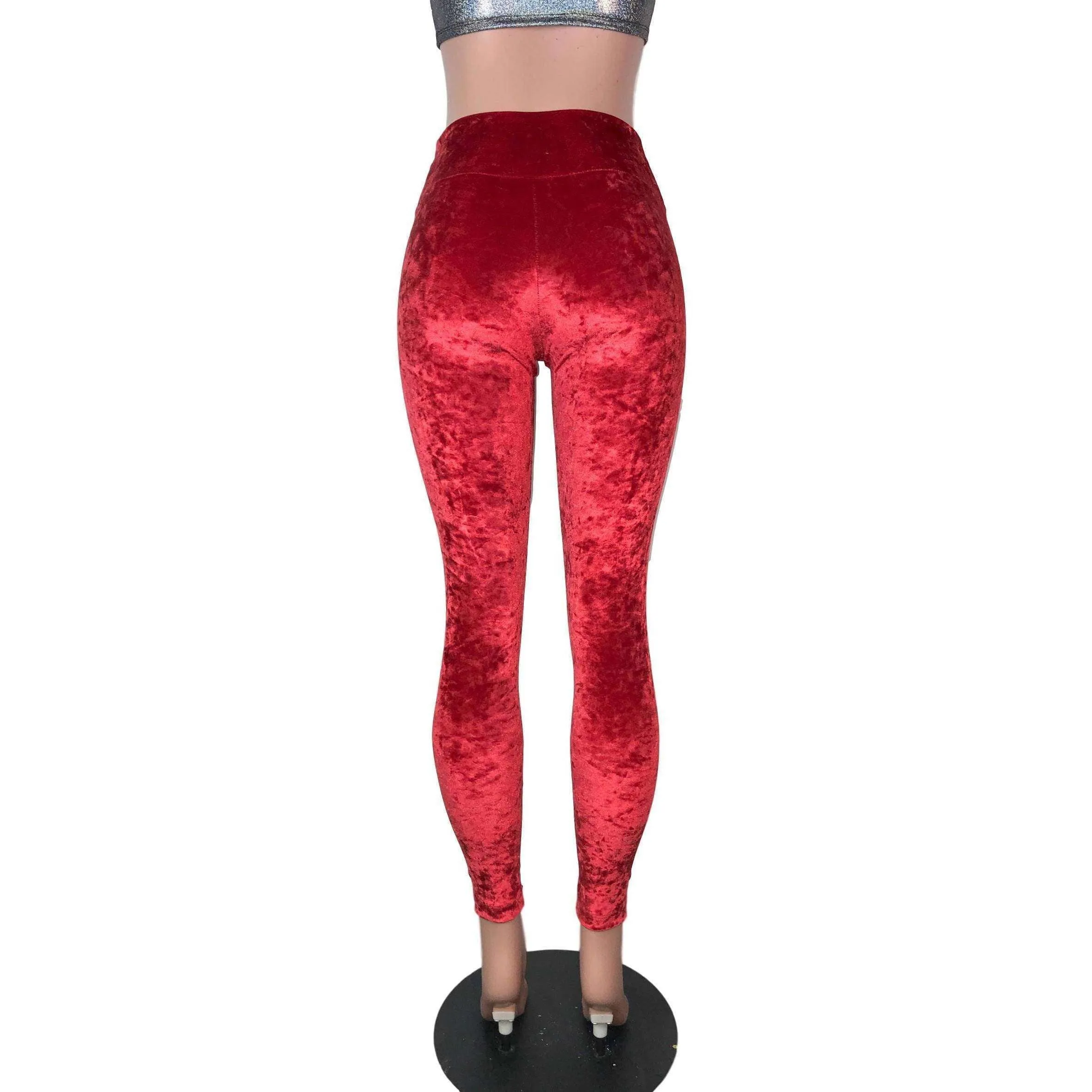 Red Crushed Velvet High Waisted Leggings Pants