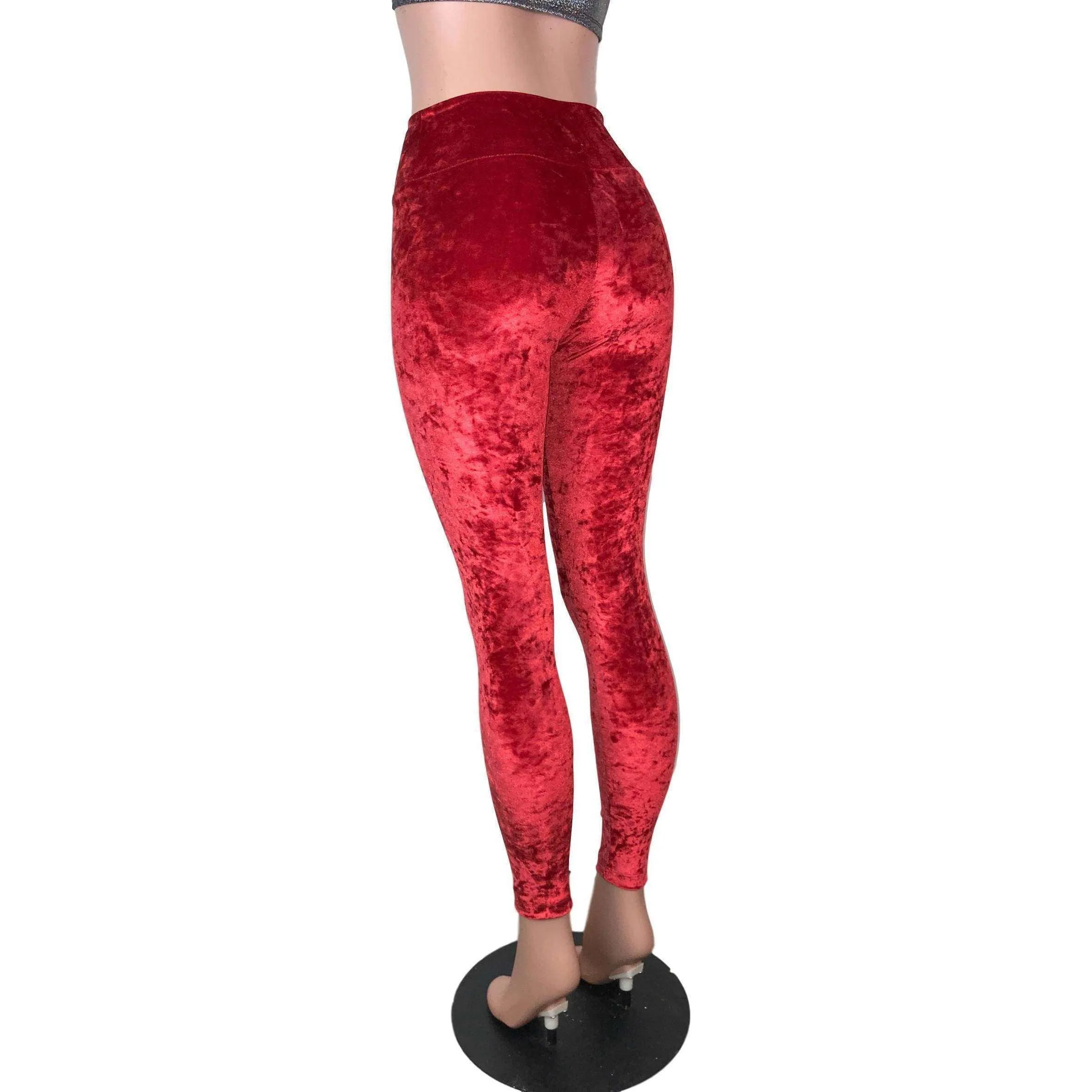 Red Crushed Velvet High Waisted Leggings Pants