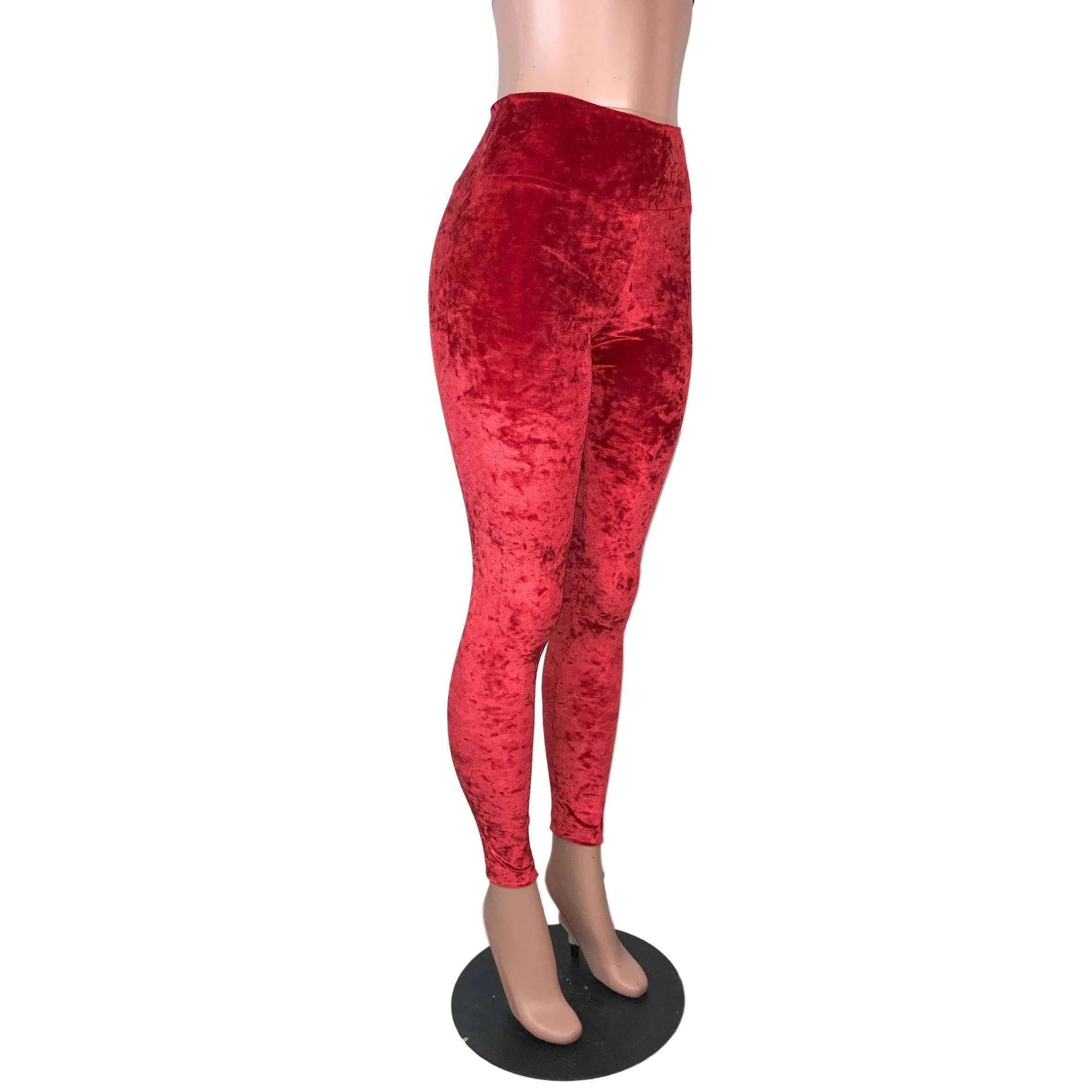 Red Crushed Velvet High Waisted Leggings Pants