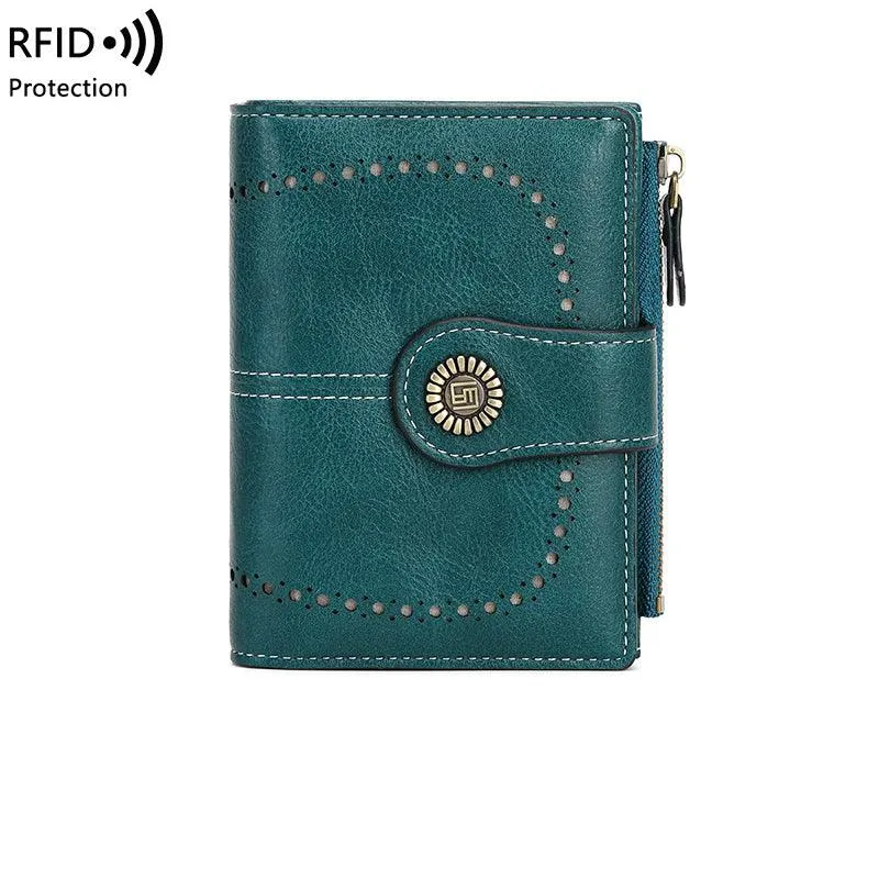 RFID Women's Short Wallet, Oil Wax Leather Coin Purse, Card Holder