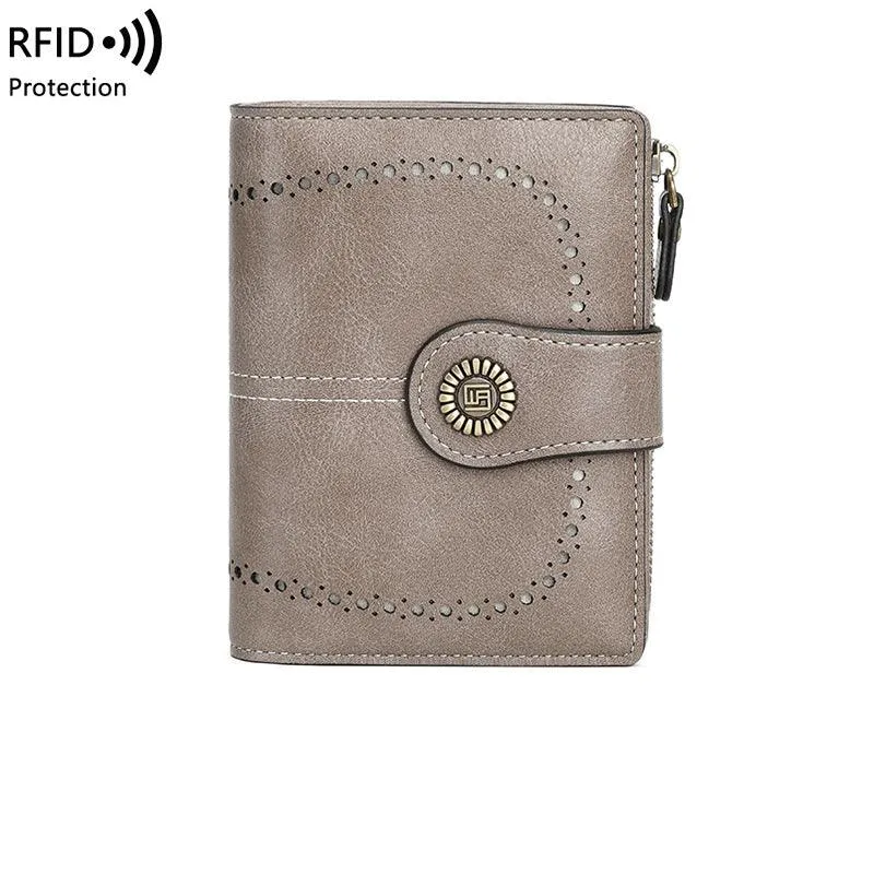 RFID Women's Short Wallet, Oil Wax Leather Coin Purse, Card Holder