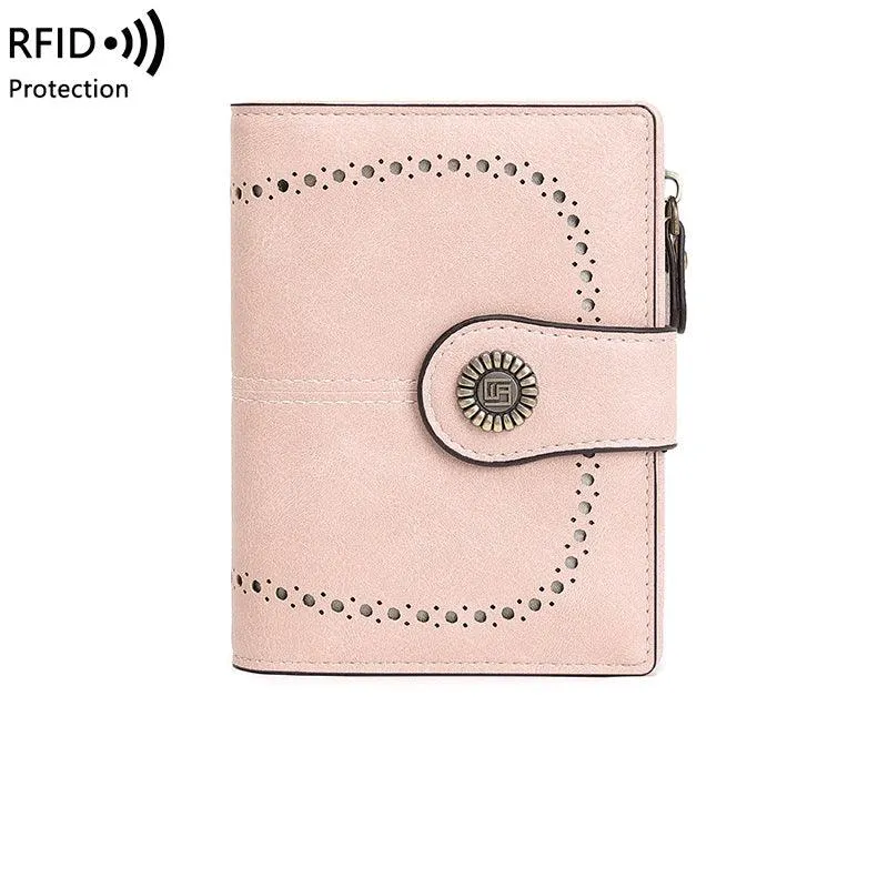 RFID Women's Short Wallet, Oil Wax Leather Coin Purse, Card Holder