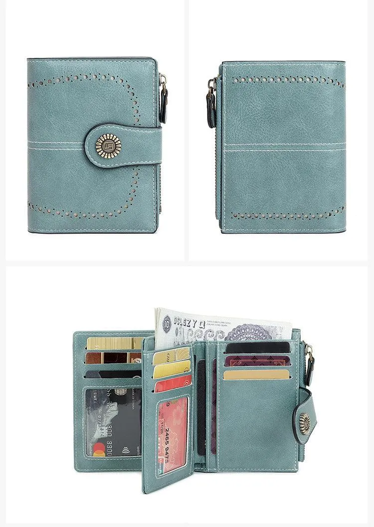 RFID Women's Short Wallet, Oil Wax Leather Coin Purse, Card Holder