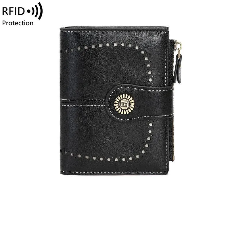 RFID Women's Short Wallet, Oil Wax Leather Coin Purse, Card Holder