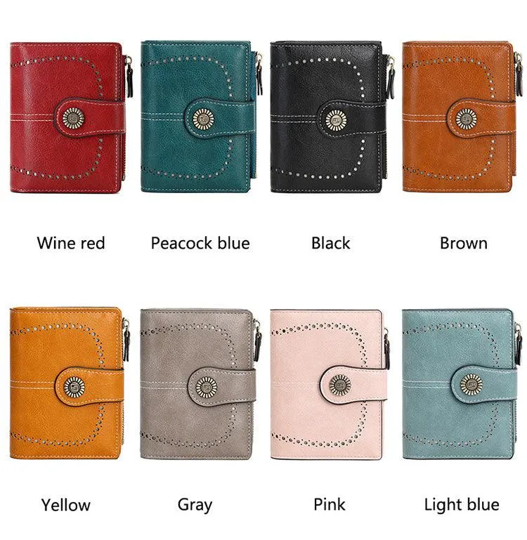 RFID Women's Short Wallet, Oil Wax Leather Coin Purse, Card Holder