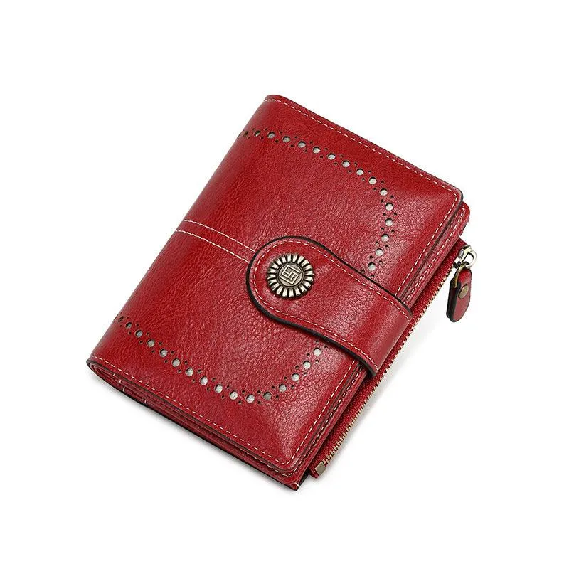 RFID Women's Short Wallet, Oil Wax Leather Coin Purse, Card Holder