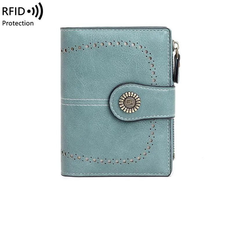 RFID Women's Short Wallet, Oil Wax Leather Coin Purse, Card Holder