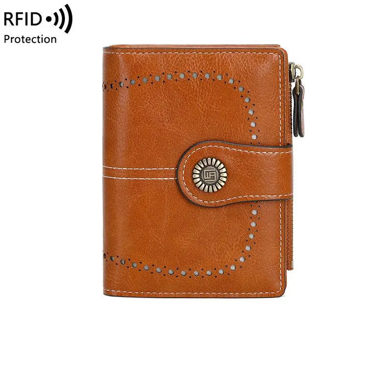 RFID Women's Short Wallet, Oil Wax Leather Coin Purse, Card Holder