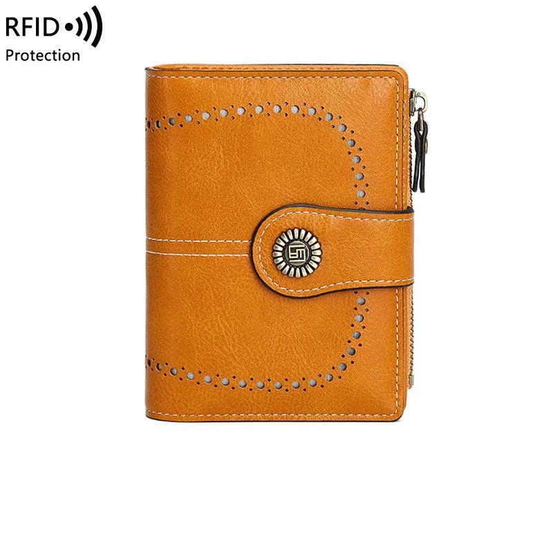 RFID Women's Short Wallet, Oil Wax Leather Coin Purse, Card Holder