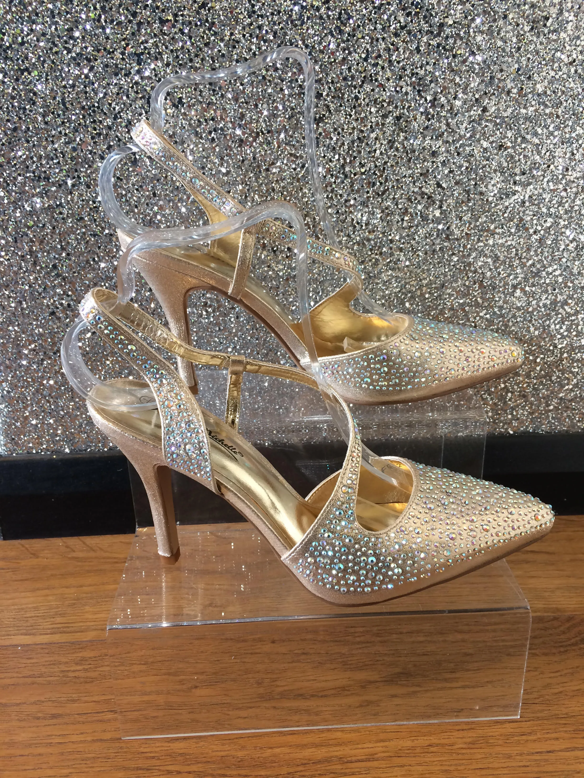 Rhinestone Pointed Strap Kitten Heels- Gold