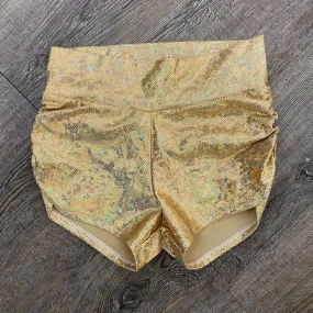 SALE - Gold Holographic MID-Rise Ruched Booty Shorts, XS or SMALL