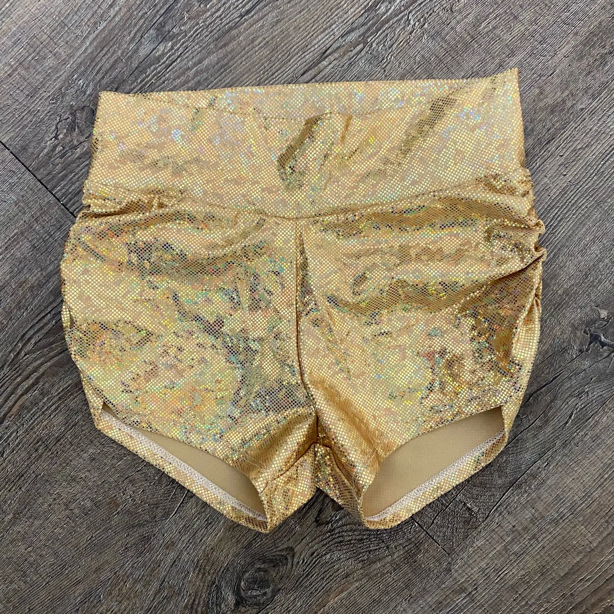 SALE - Gold Holographic MID-Rise Ruched Booty Shorts, XS or SMALL