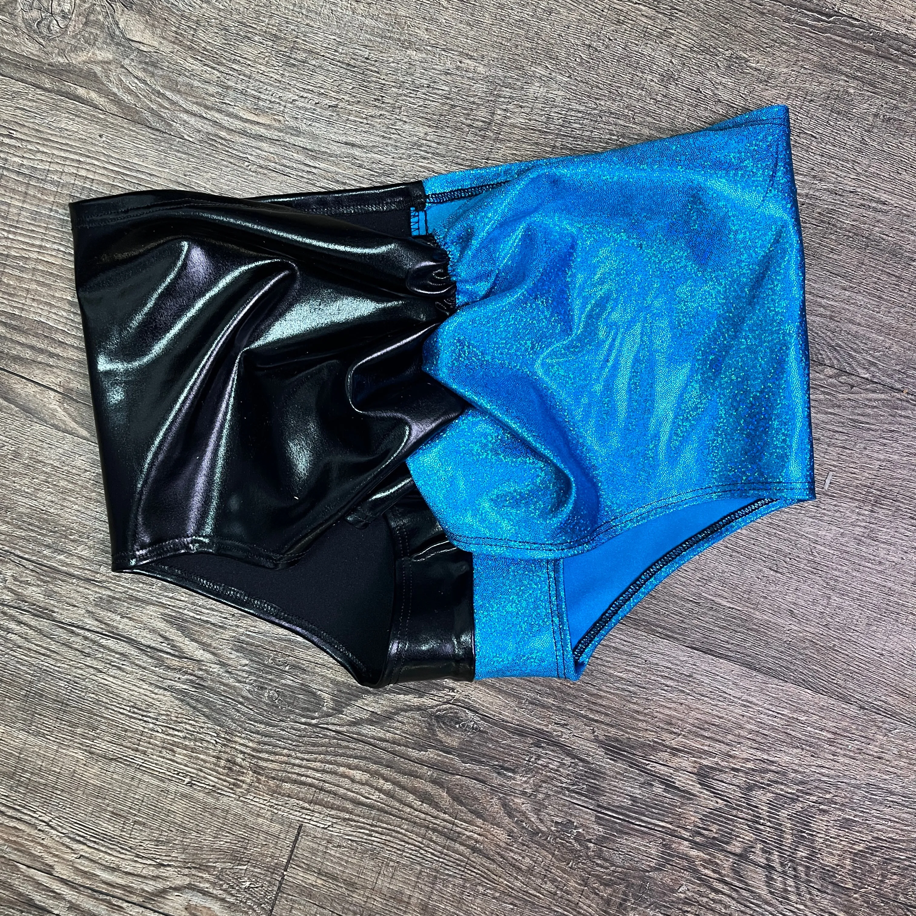 SALE - MEDIUM ONLY - High Waist Scrunch Bikini Hot Pants - 2-Toned Turquoise/Black