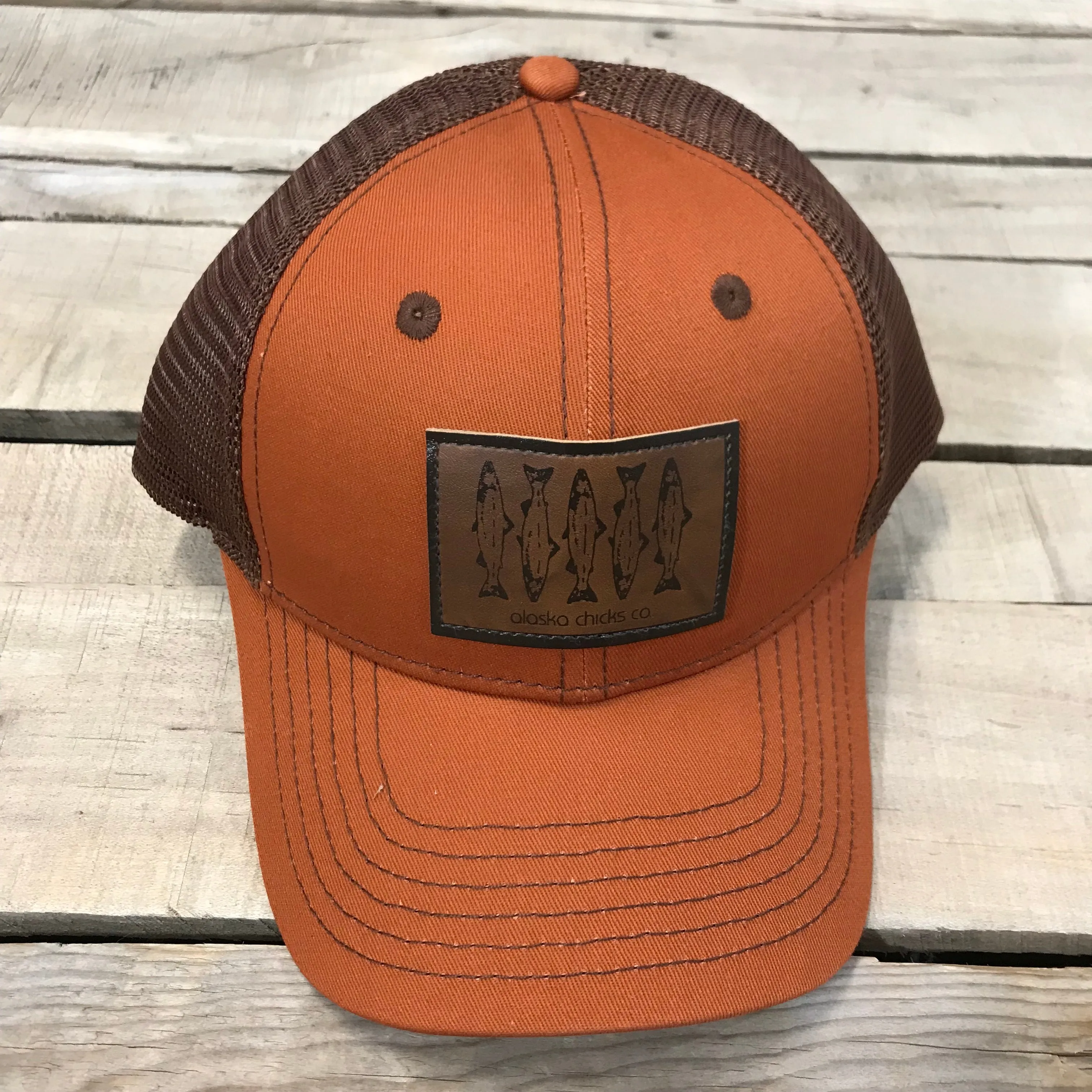 Salmon Sketch Trucker Hat - Leather Patch