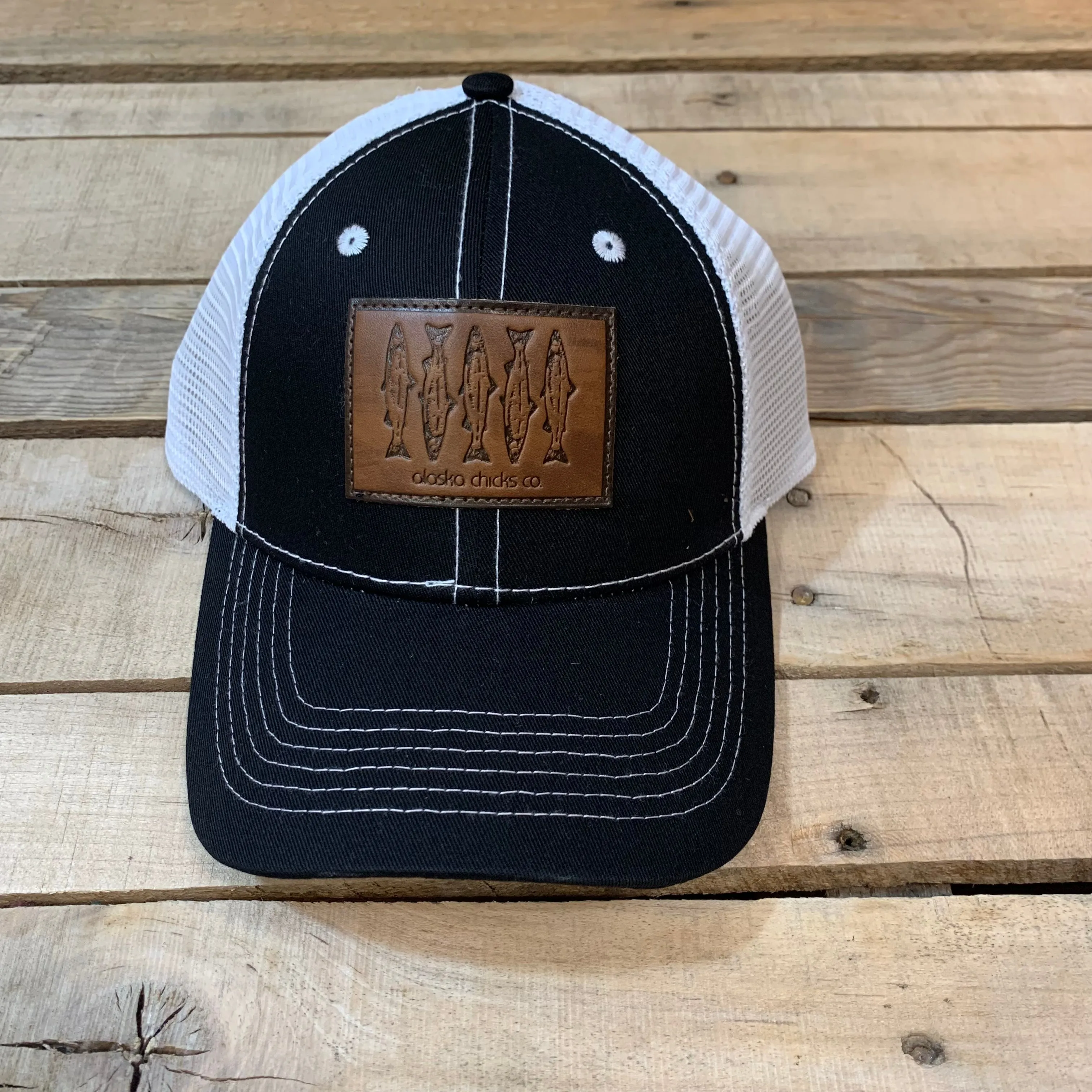 Salmon Sketch Trucker Hat - Leather Patch