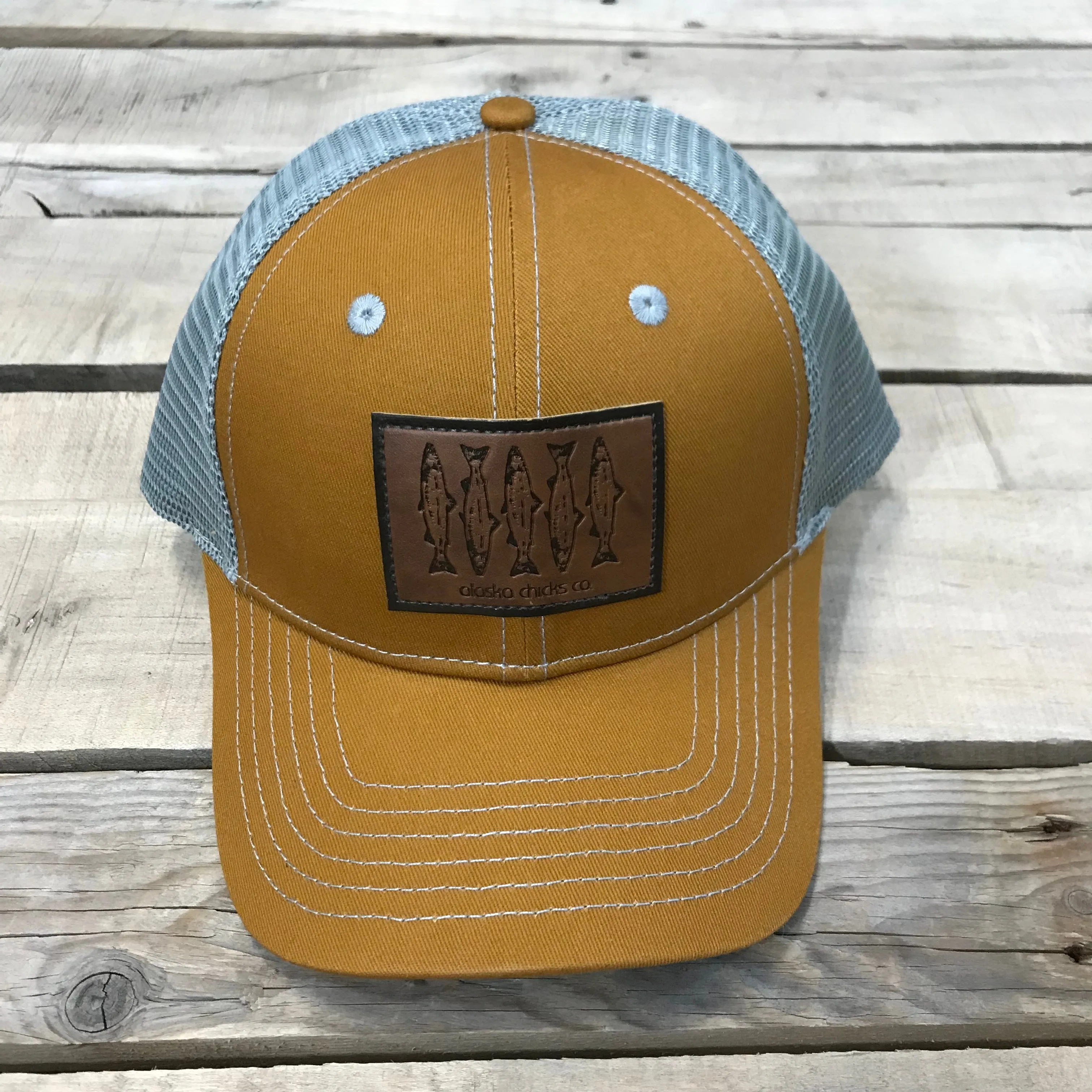 Salmon Sketch Trucker Hat - Leather Patch