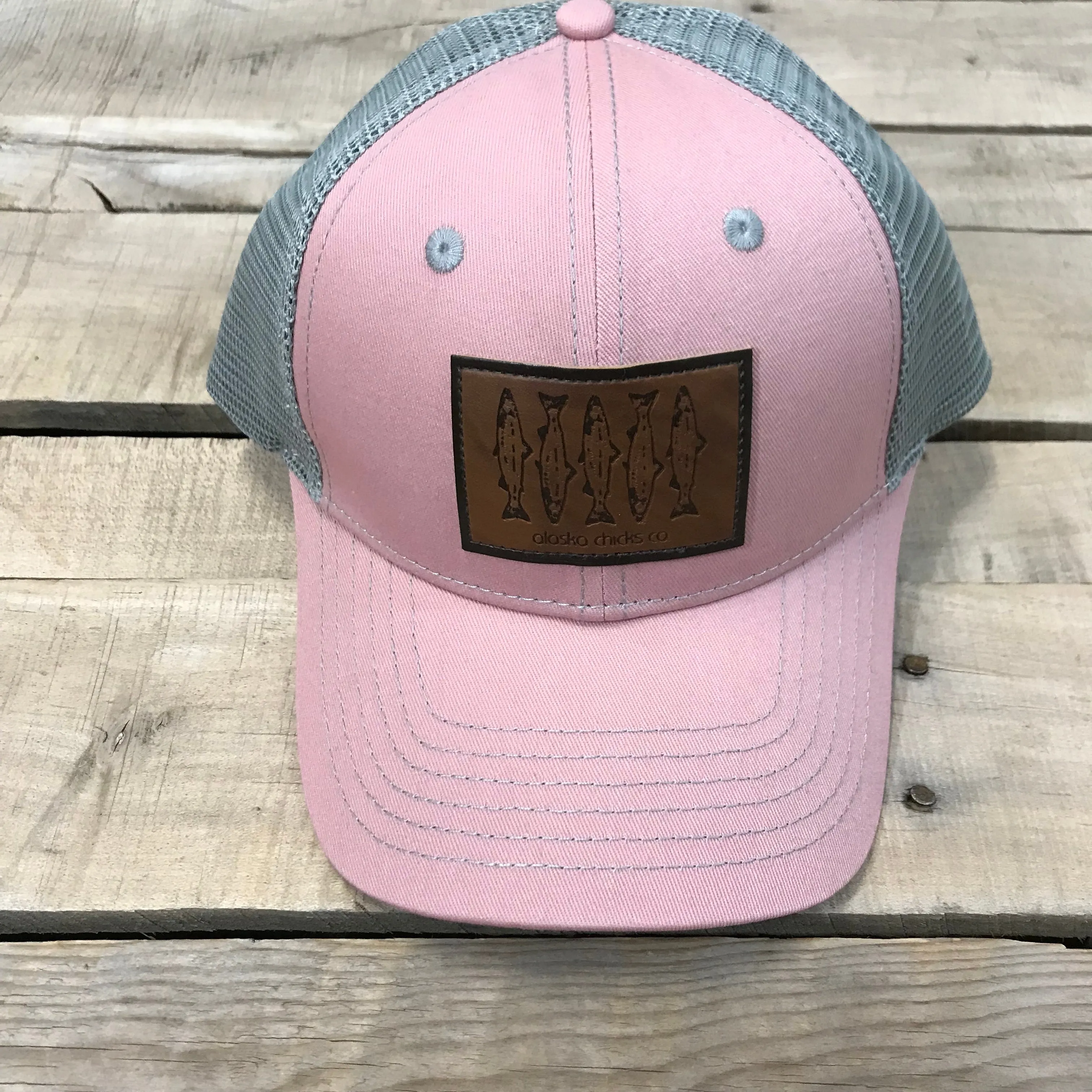 Salmon Sketch Trucker Hat - Leather Patch