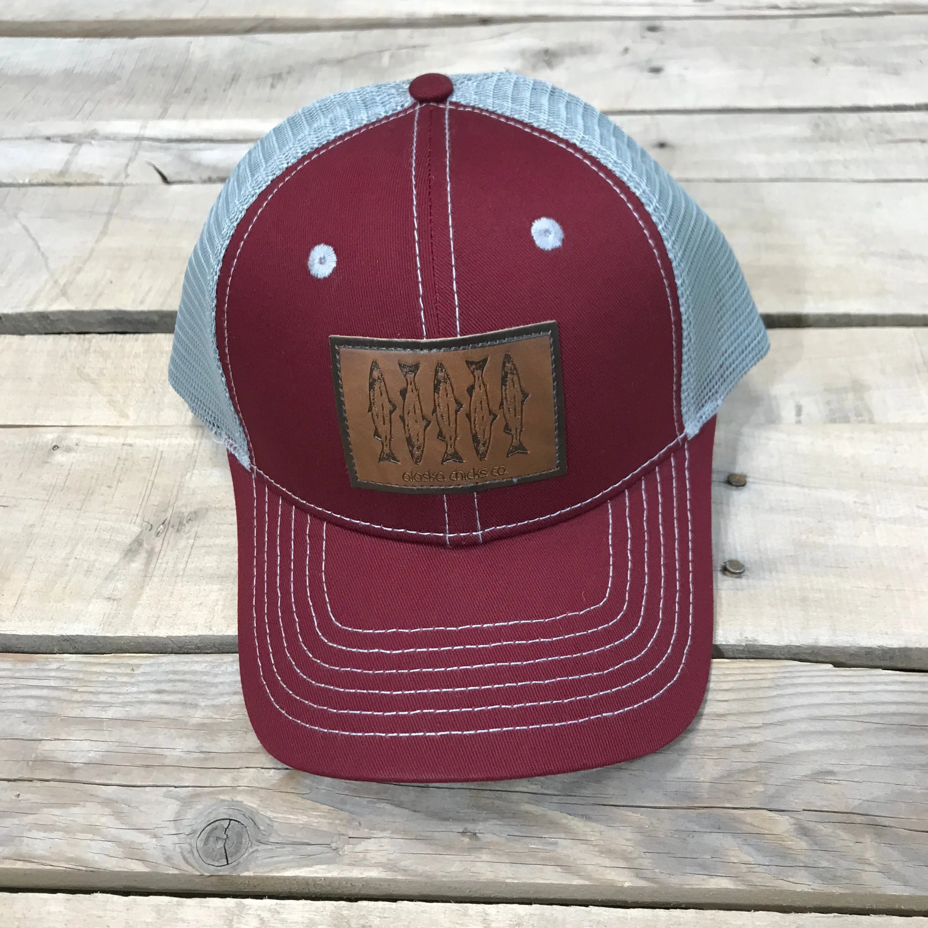 Salmon Sketch Trucker Hat - Leather Patch