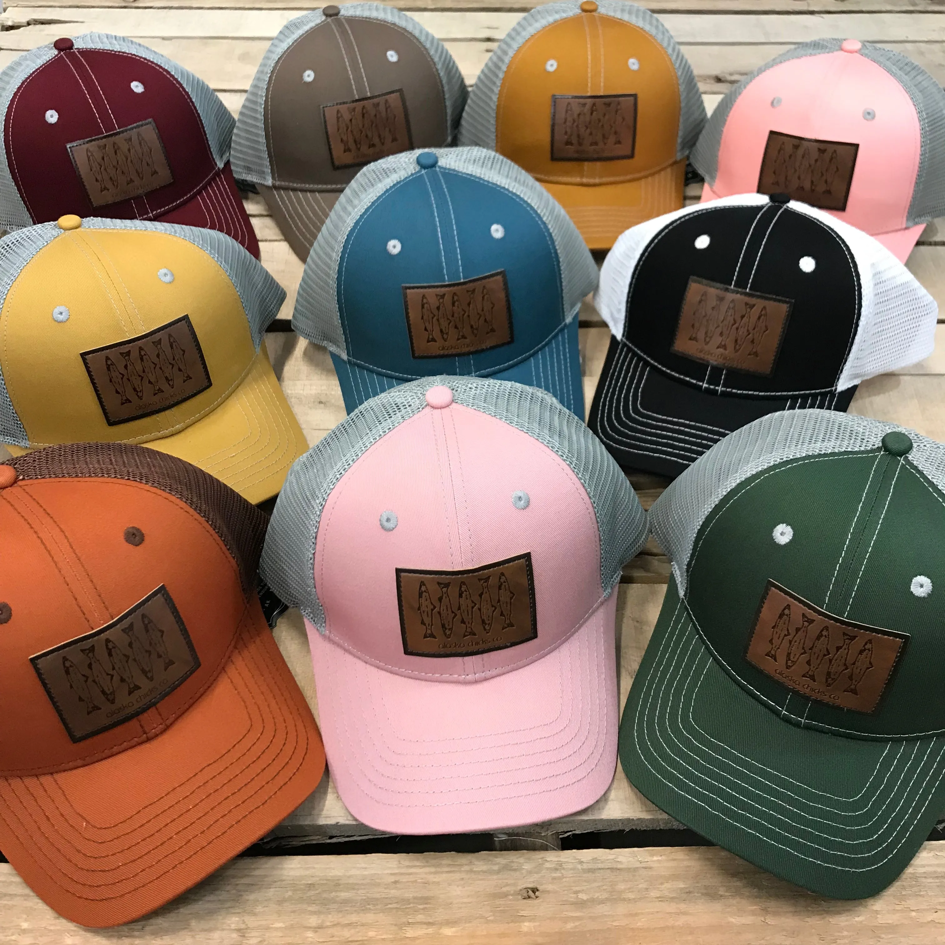 Salmon Sketch Trucker Hat - Leather Patch