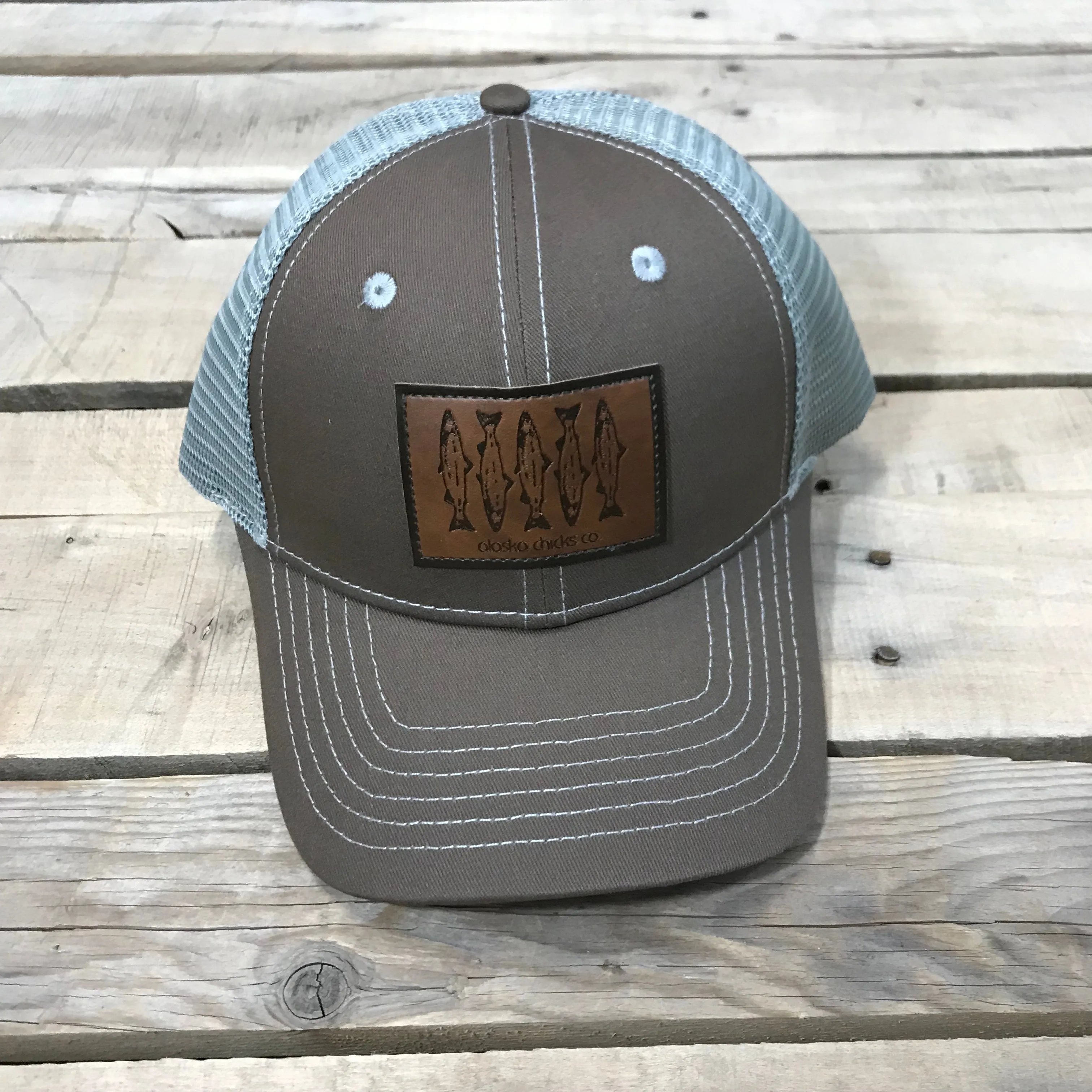 Salmon Sketch Trucker Hat - Leather Patch