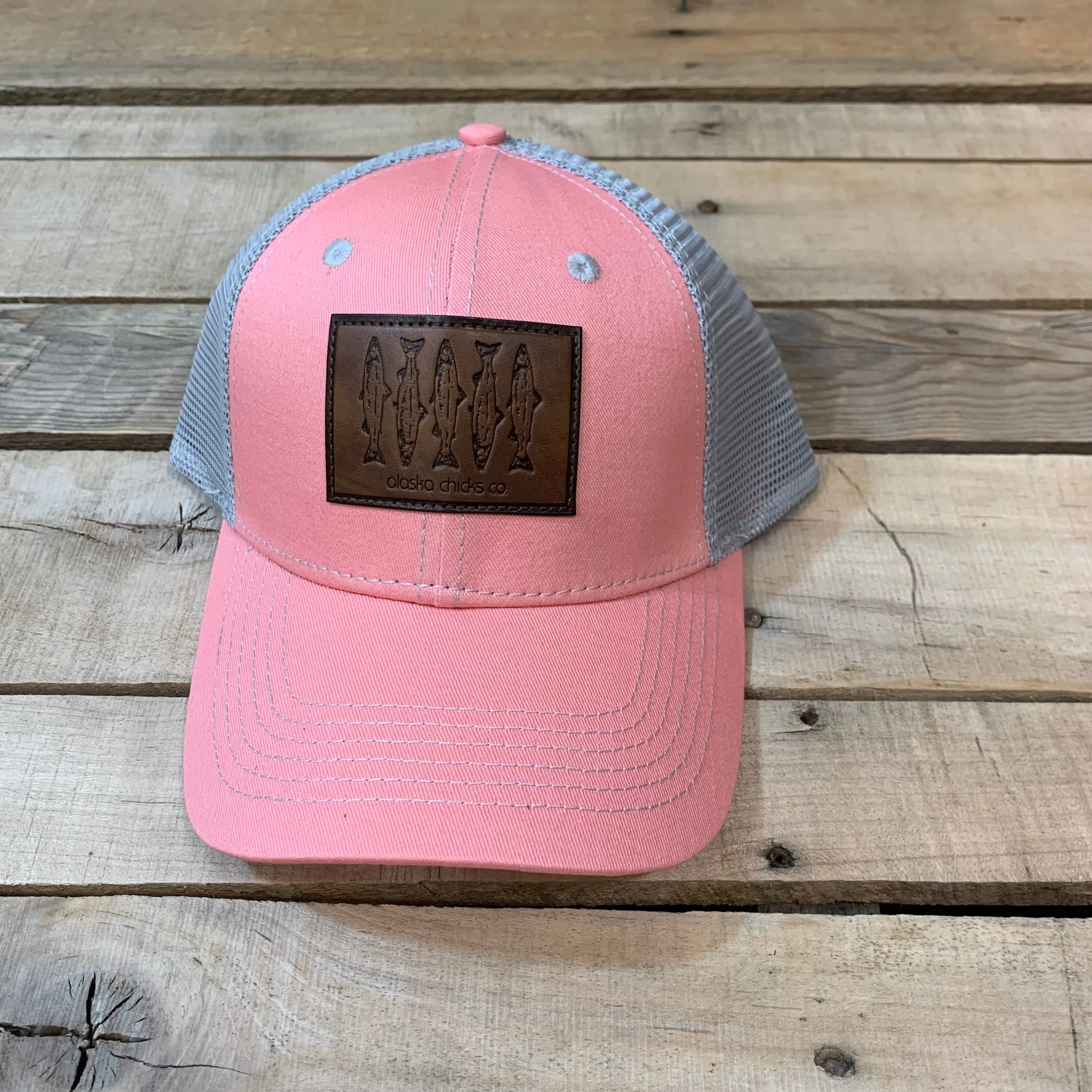 Salmon Sketch Trucker Hat - Leather Patch