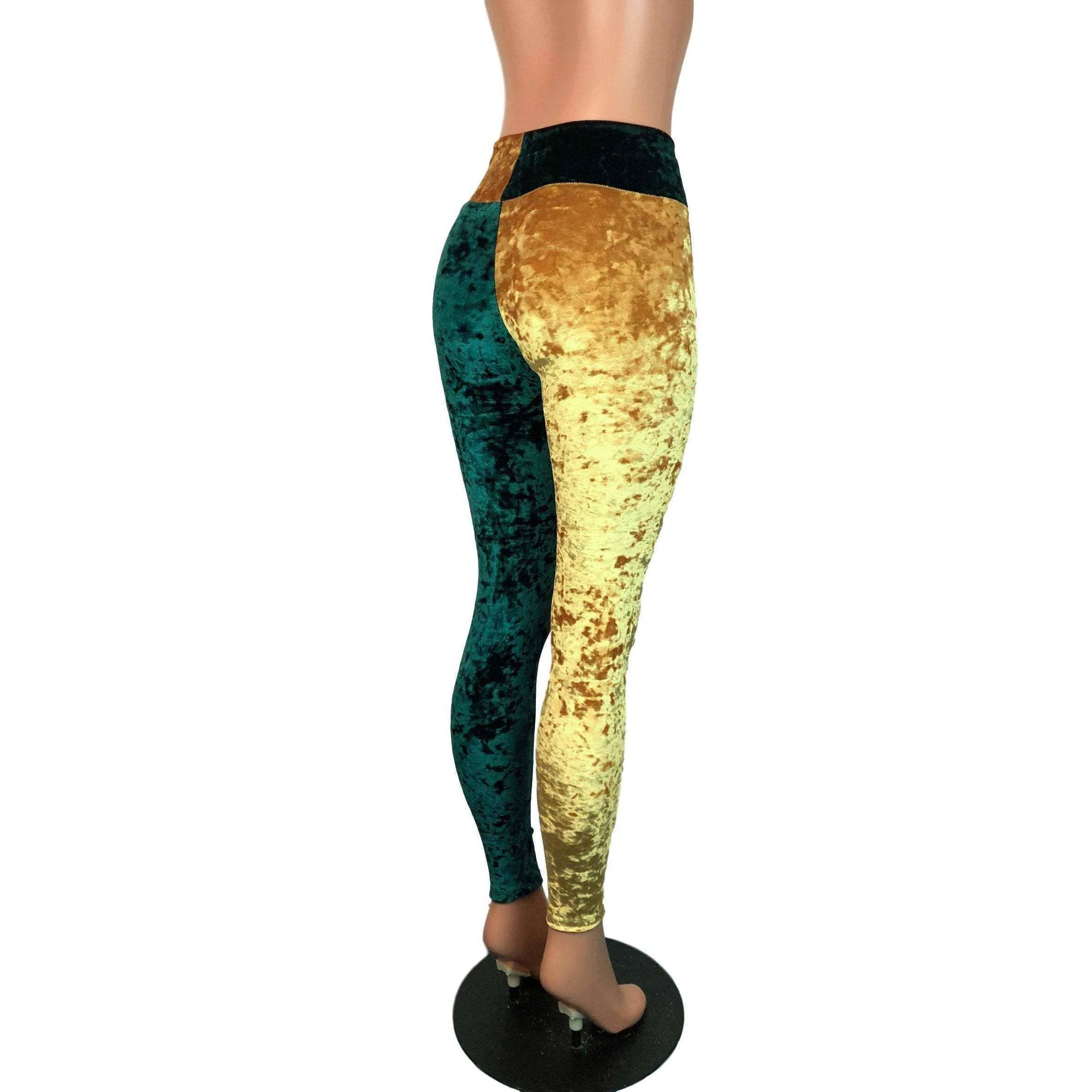 *Sample - Green & Gold Sports Team Crushed Velvet High Waist Leggings Pants - Final Sale