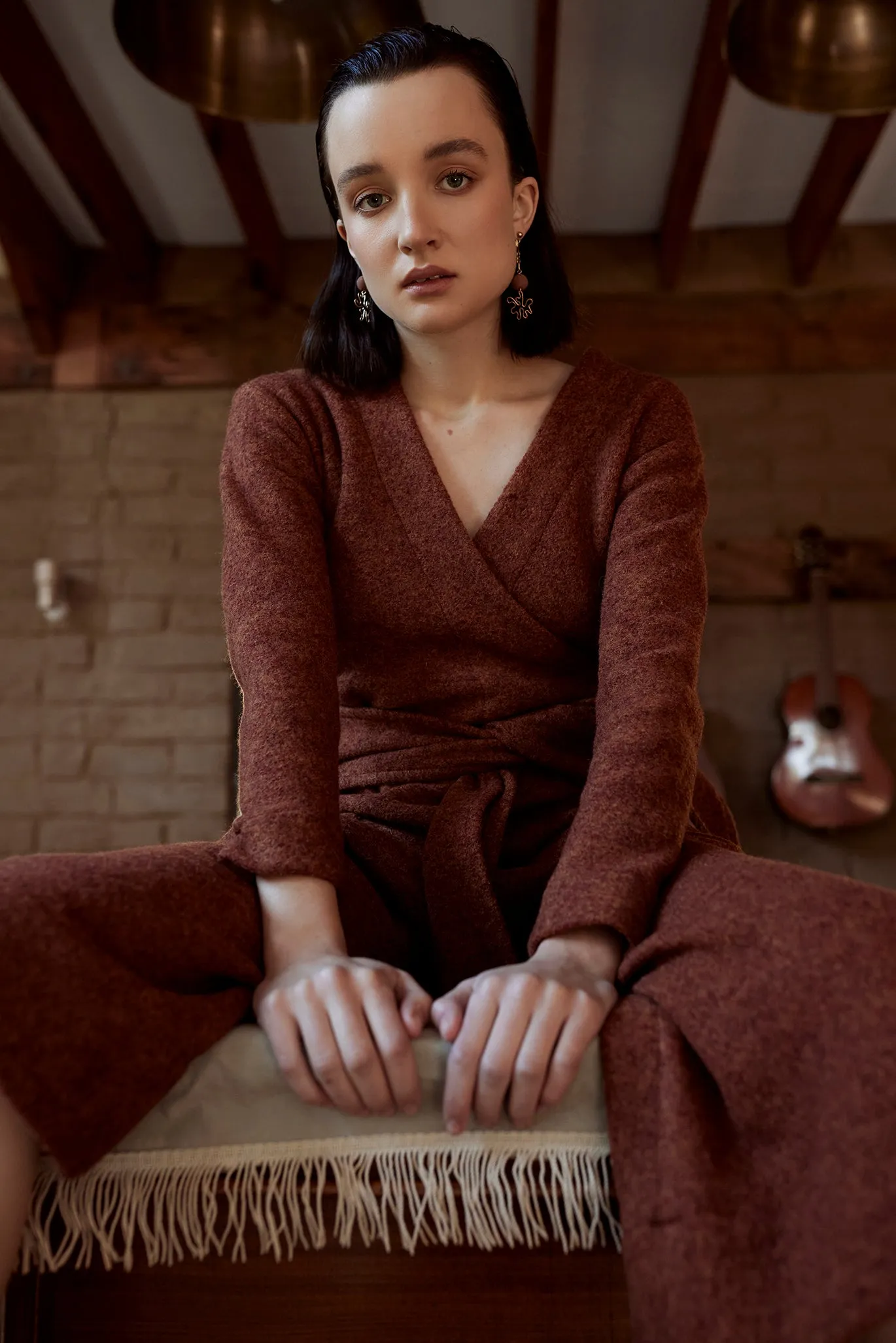 SIENNA WRAP JUMPSUIT [ Red - Orange 100% Wool, Long Sleeved ]