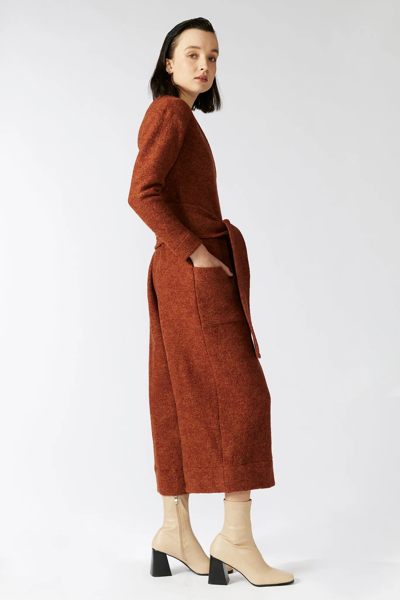 SIENNA WRAP JUMPSUIT [ Red - Orange 100% Wool, Long Sleeved ]