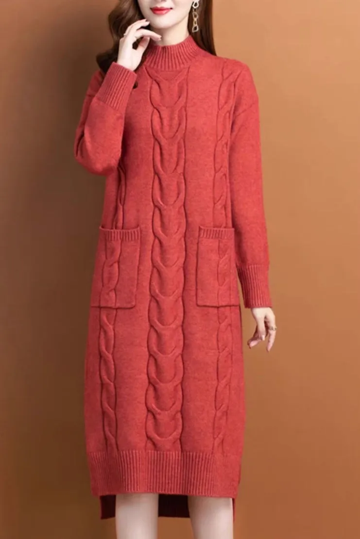 Slit Cable Knit Wool Dress