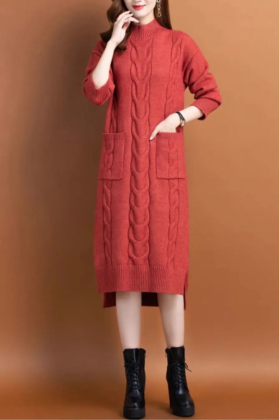 Slit Cable Knit Wool Dress