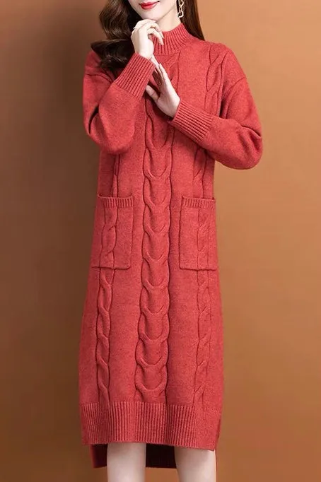 Slit Cable Knit Wool Dress