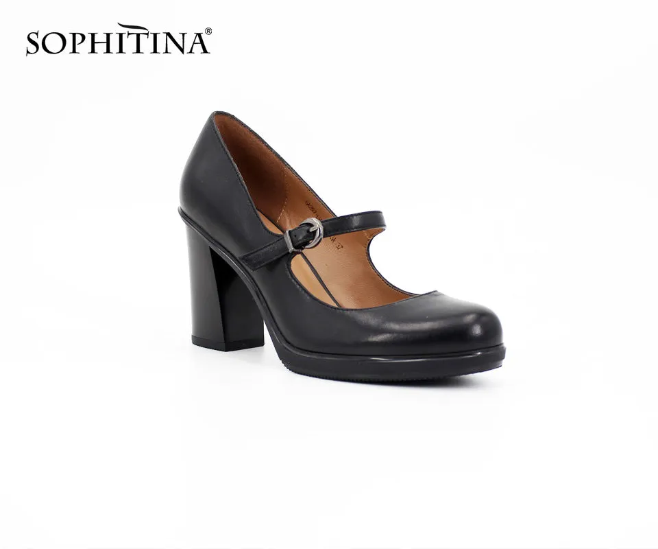 SOPHITINA Brand Genuine Leather Ladies Pumps Buckle Strap Thick high heels Sexy handmade Shallow Round Toe Dress women Shoes D12