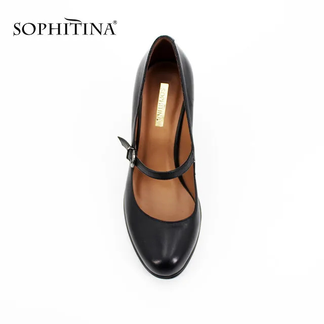 SOPHITINA Brand Genuine Leather Ladies Pumps Buckle Strap Thick high heels Sexy handmade Shallow Round Toe Dress women Shoes D12