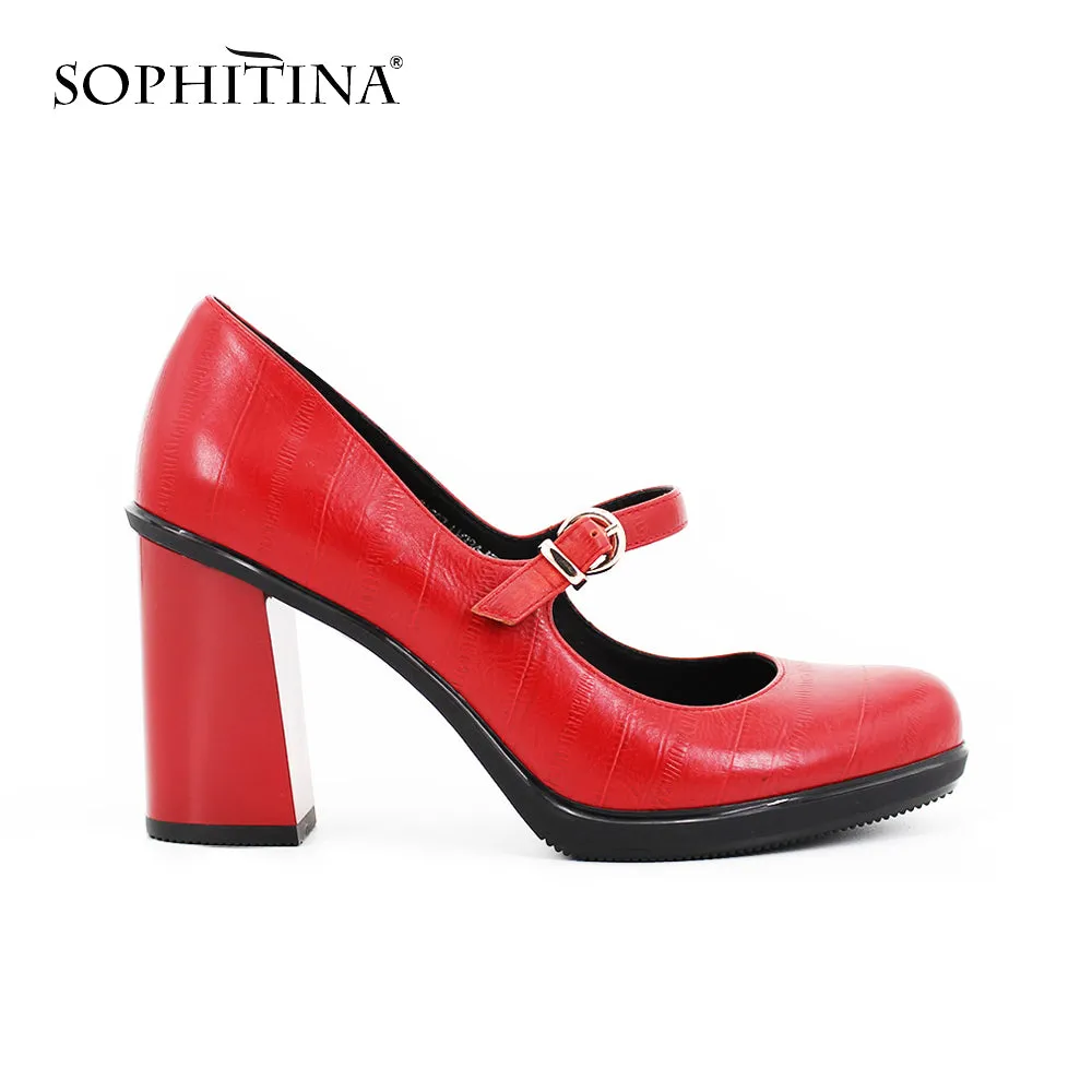 SOPHITINA Brand Genuine Leather Ladies Pumps Buckle Strap Thick high heels Sexy handmade Shallow Round Toe Dress women Shoes D12