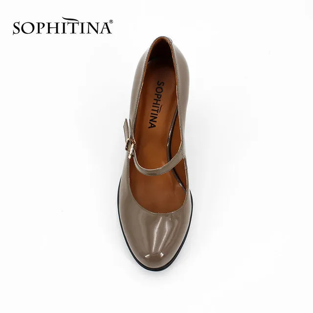 SOPHITINA Brand Genuine Leather Ladies Pumps Buckle Strap Thick high heels Sexy handmade Shallow Round Toe Dress women Shoes D12