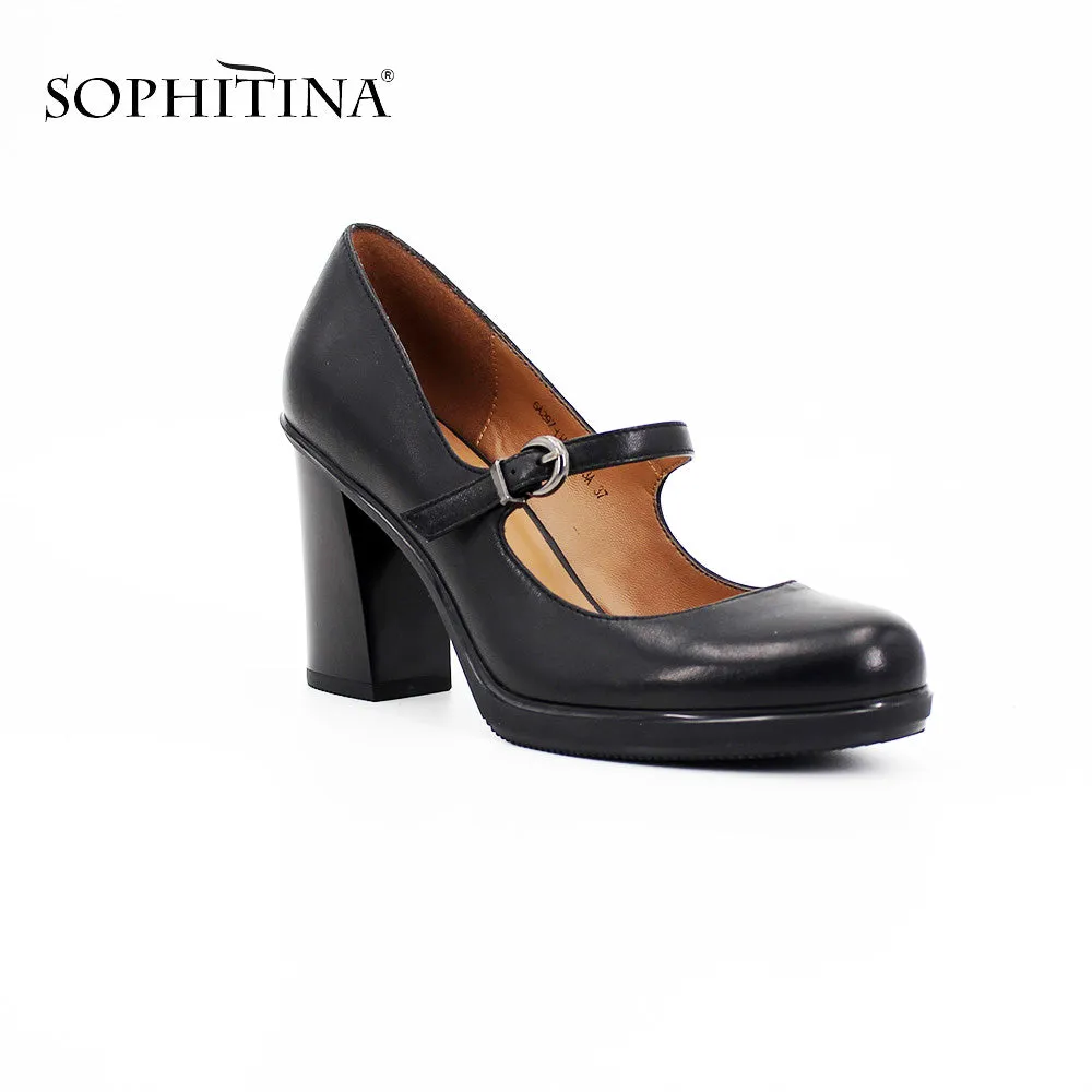 SOPHITINA Brand Genuine Leather Ladies Pumps Buckle Strap Thick high heels Sexy handmade Shallow Round Toe Dress women Shoes D12